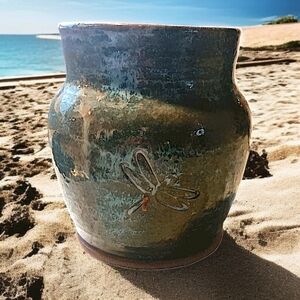 Raku Fired Bebe Pottery Vase Dragonfly Jardiniere Pot Rustic Farmhouse Cottage